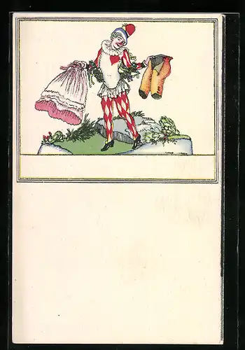 Künstler-AK Robert Philippi: Harlekin hält Hose und Kleid in den Händen
