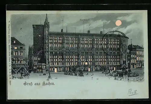 Mondschein-AK Aachen, Rathaus mit Platz, Halt gegen das Licht: beleuchtete Fenster
