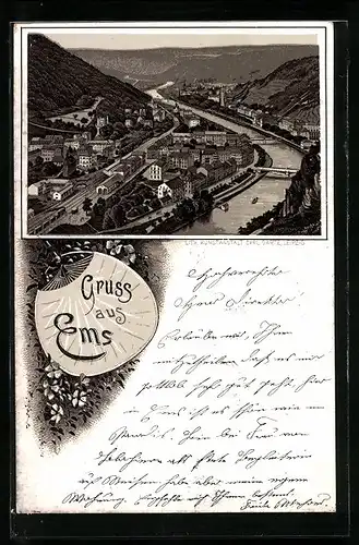 Vorläufer-Lithographie Ems, 1895, Totalansicht aus der Vogelschau