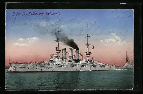 AK Kriegsschiff SMS Schleswig-Holstein im Abendlicht