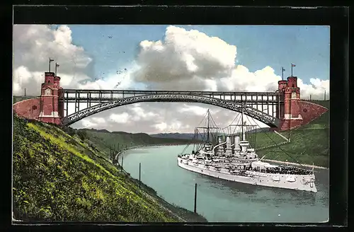 AK Kiel, S. M. S. Kriegsschiff Deutschland an der Hochbrücke bei Levensau
