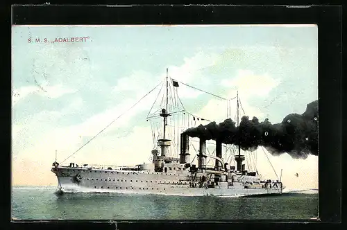 AK Grosser geschützter Kreuzer SMS Adalbert auf hoher See in der Gesamtansicht