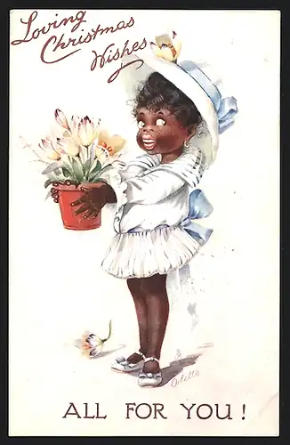 Künstler-AK Afrikanisches Mädchen im weissen Kleid mit blühenden Blumen