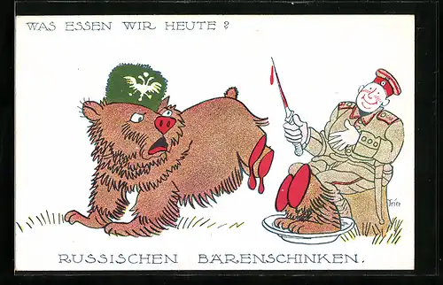 Künstler-AK Walter Trier: Russischer Bärenschinken, Deutscher Soldat schneidet Bären die Hinterbeine ab