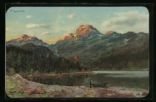Künstler-AK Telemarken, Uferpartie mit Blick auf Gebirge, Mann und Boot am Strand
