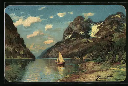 Künstler-AK Norwegen, Frasörfjorden, Berglandschaft am Fjord mit Segelboot
