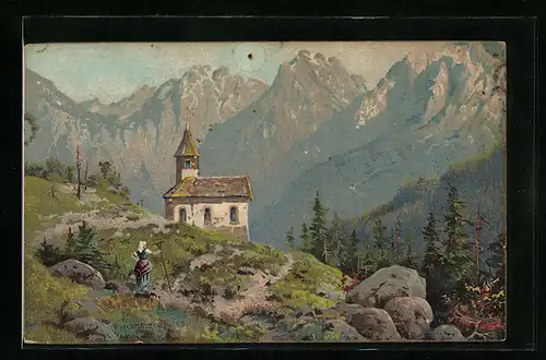 Künstler-AK Robert Kämmerer: Kapelle und Bäuerin in den Bergen