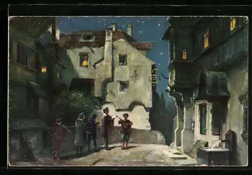 Künstler-AK Carl Spitzweg: Männer musizieren nachts vor einem Haus, Serenade