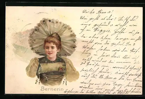 AK Schweizerin in Berner Tracht mit grosser Kopfbedeckung