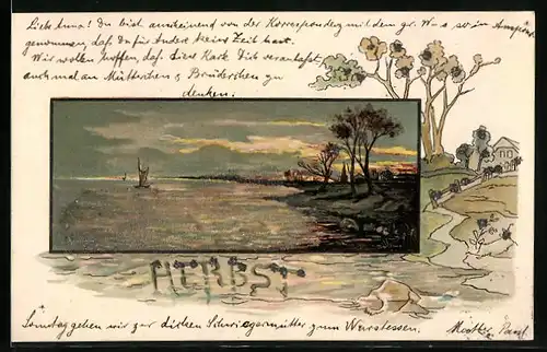 Lithographie Herbst, Uferpartie in Dämmerlicht, Allegorie