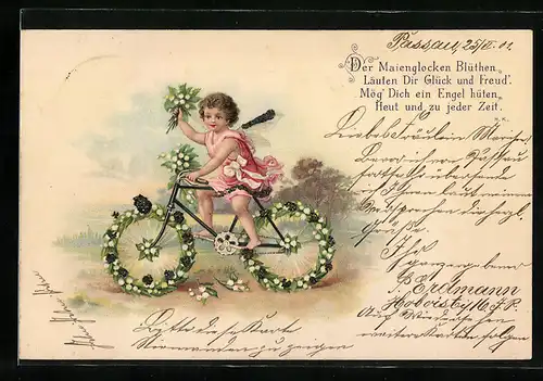 AK Der Maienglocken Blüthen läuten dir Glück und Freud..., Engel auf Blumen-Fahrrad