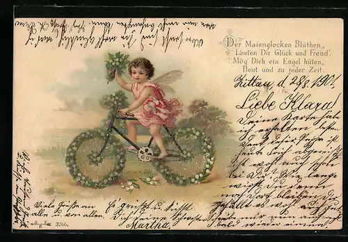 Künstler-AK Amor mit einem Maiglockenstrauss auf dem Fahrrad