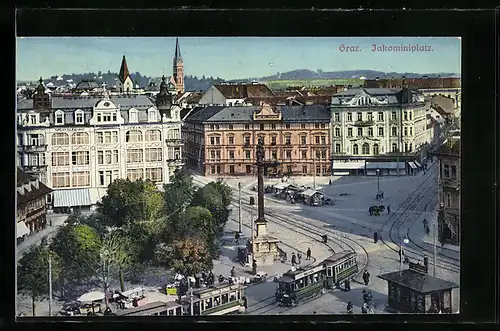 AK Graz, Strassenbahnen auf dem Jakominiplatz