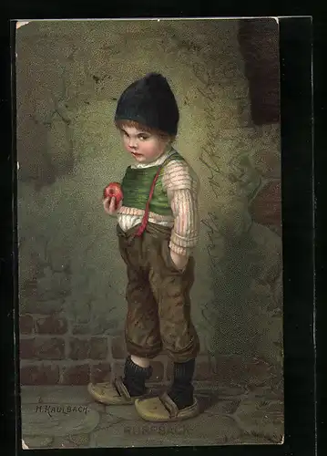 Künstler-AK Hermann Kaulbach: kleiner Junge mit einem Apfel