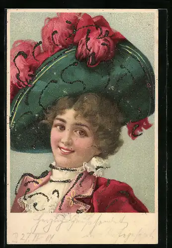 Lithographie Junge Dame mit bezauberndem Hut