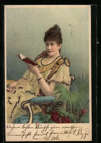 AK Fräulein im gelben Kleid mit Buch auf Stuhl sitzend, Jugendstil