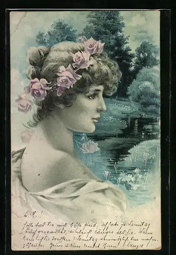 AK Jugendstil Frau mit Rosenkranz im Haar vor Wasserlandschaft