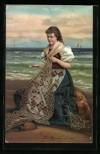 AK Norwegerin repariert das Fischernetz