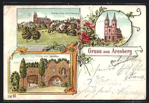 Lithographie Arenberg, Lourdes-Grotte, Kirche, Totalansicht