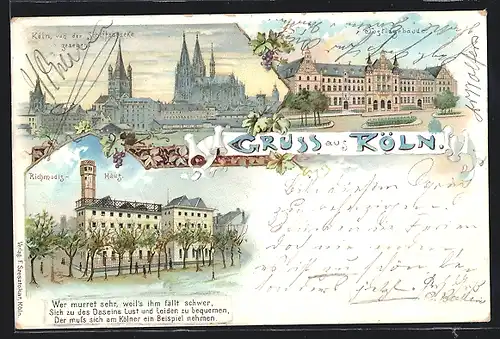 Lithographie Köln, Ortsansicht von der Schiffsbrücke, Justizgebäude, Richmodis-Haus