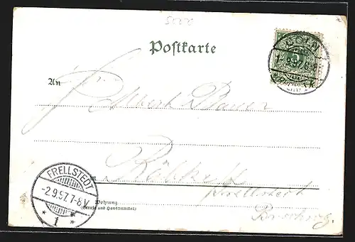 Lithographie Köln, Justizgebäude, Richmodis-Haus, Uferpartie von der Schiffsbrücke gesehen