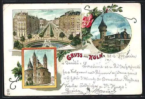 Lithographie Köln-Neustadt, Café-Restaurant Ulrepforte, Hohenstaufenring, St. Aposteln