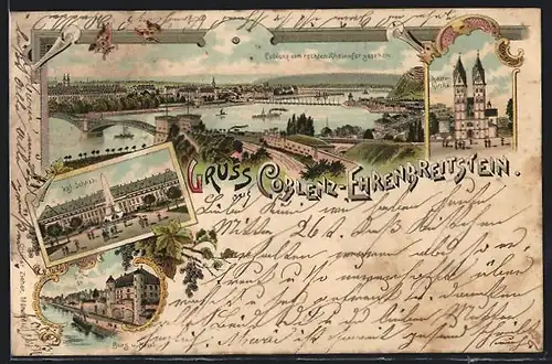 Lithographie Koblenz-Ehrenbreitstein, Kastor-Kirche, Königliches Schloss, Burg u. Mosel