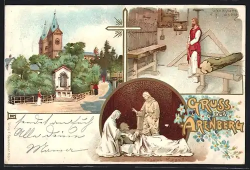 Lithographie Arenberg, Josephs-Kapelle, Werkstätte des hl. Joseph