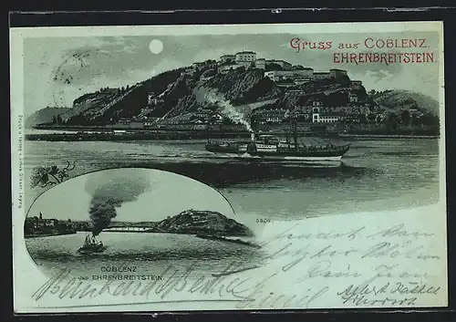 Mondschein-Lithographie Coblenz, Ehrenbreitstein mit Dampfer, Teilansicht mit Ehrenbreitstein