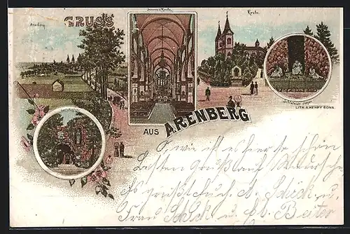 Lithographie Arenberg, Schlafende Jünger, Kirche, Ortsansicht mit Landstrasse