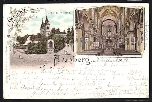 Lithographie Arenberg, Kirche, Innen- und Aussenansicht