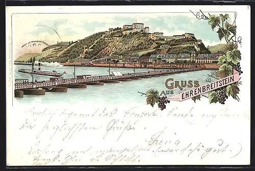 Lithographie Ehrenbreitstein, Gesamtansicht mit Brücke und Dampfer
