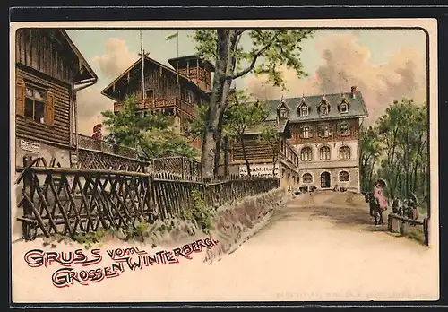 Lithographie Bad Schandau, Hotel auf dem grossen Winterberg mit Zufahrt und Aussichtsturm