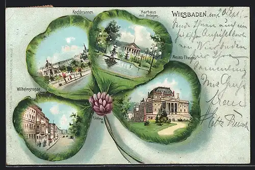 Passepartout-Lithographie Wiesbaden, Kochbrunnen, Kurhaus mit Anlagen, Wilhelmstrasse, Perlen, Kleeblatt