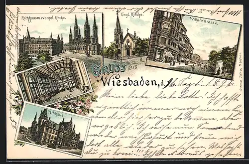 Lithographie Wiesbaden, Engl. Kirche, Kochbrunnen, Wilhelmstrasse