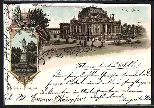 Lithographie Wiesbaden, Neues Theater mit Anlagen, Kaiser-Denkmal