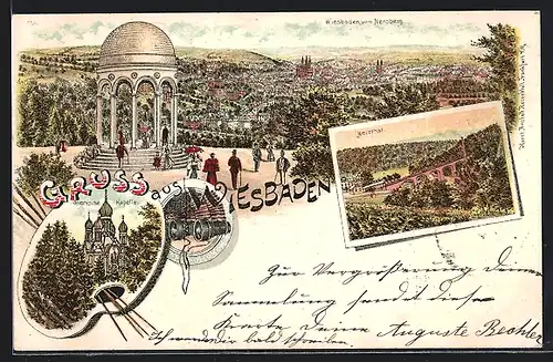 Lithographie Wiesbaden, Griechische Kapelle, Nerothal und Panorama vom Neroberg aus