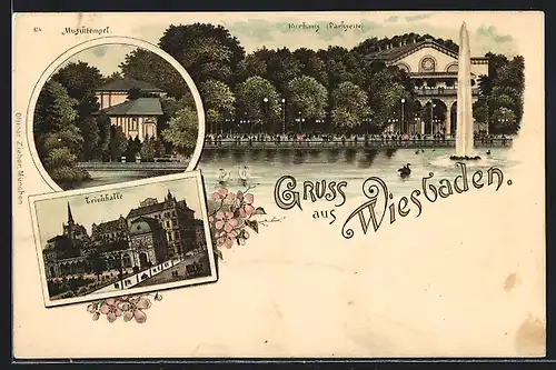 Lithographie Wiesbaden, Musiktempel, Kurhaus von der Parkseite, Gasthaus Trinkhalle