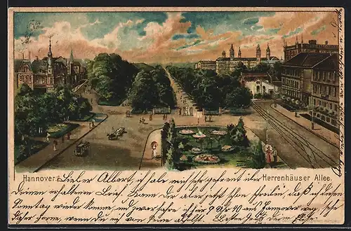 Lithographie Hannover, Herrenhäuser Allee aus der Vogelschau