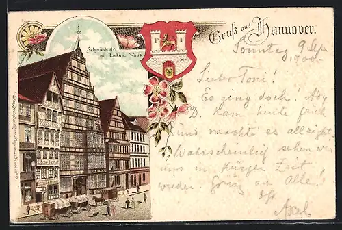 Lithographie Hannover, Schmiedestrasse mit Leibniz-Haus, Wappen