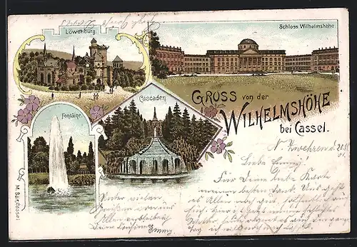 Lithographie Kassel, Schloss Wilhelmshöhe, Löwenburg, Fontäne, Kaskaden