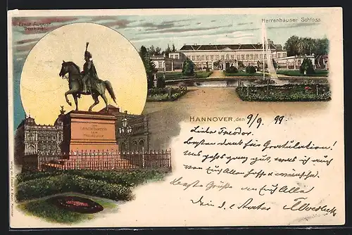 Lithographie Hannover, Herrenhäuser, Schloss, Ernst August Denkmal