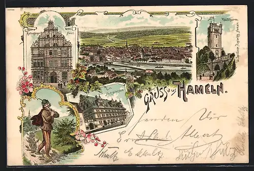Lithographie Hameln, Teilansicht, Klütthurm, Rattenfänger, Hochzeitshaus