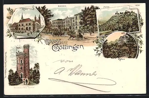 Lithographie Göttingen, Auditorium, Rathaus, Bismarckturm, Pferdekutsche