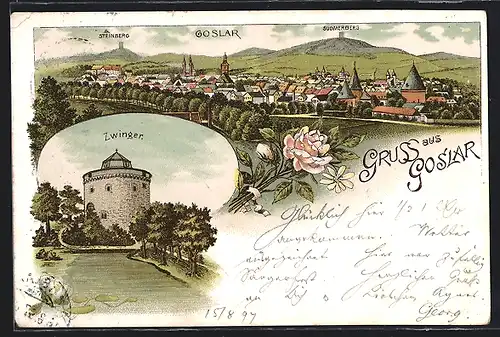 Lithographie Goslar, Zwinger, Ortsansicht, Steinberg