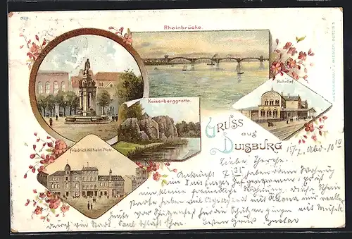 Lithographie Duisburg, Rheinbrücke, Kaiserberggrotte und Friedrich-Wilhelm-Platz