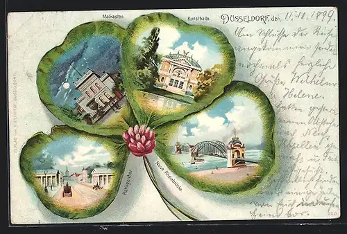 Passepartout-AK Düsseldorf, Malkasten, Kunsthalle und Ratingerthor im Kleeblatt