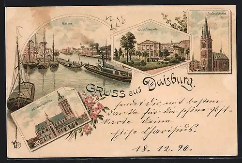 Lithographie Duisburg, Städt. Tonhalle, Salvatorkirche, Hafen