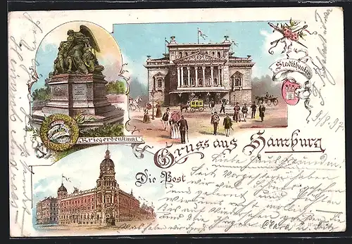 Lithographie Hamburg-Neustadt, Kriegerdenkmal und Stadttheater