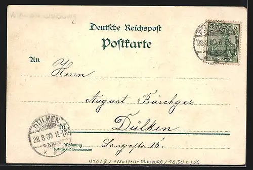 Lithographie Ruhrort, Panorama, Krieger-Denkmal & Wappen